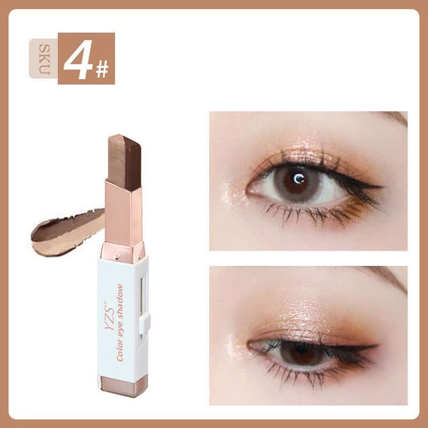 YZS Velvet Gradient Eyeshadow Stick in brown, showcasing stunning pearlescent finish on eyelids.