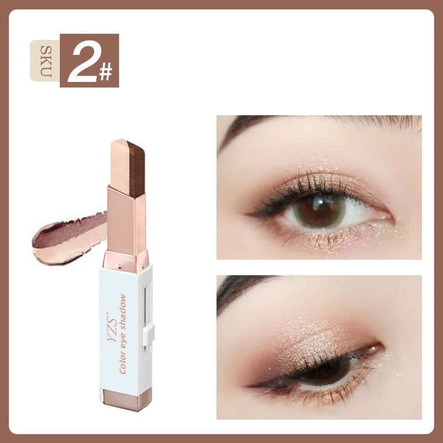 Velvet Gradient Eyeshadow Stick by YZS in brown, showing applicator and stunning eye makeup look.