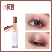 YZS Velvet Gradient Eyeshadow Stick in brown, showcasing swatch and applied look on eyelids with pearlescent finish.
