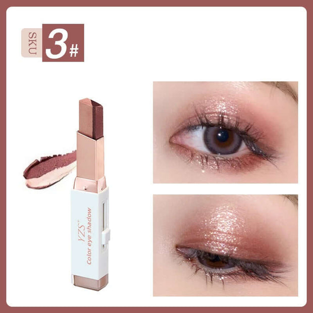 YZS Velvet Gradient Eyeshadow Stick in brown, showcasing swatch and applied look on eyelids with pearlescent finish.