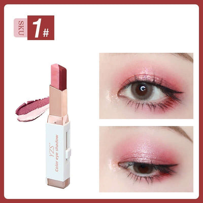 YZS Velvet Gradient Eyeshadow Stick showcasing a pink hue on eyelids for a pearlescent look.